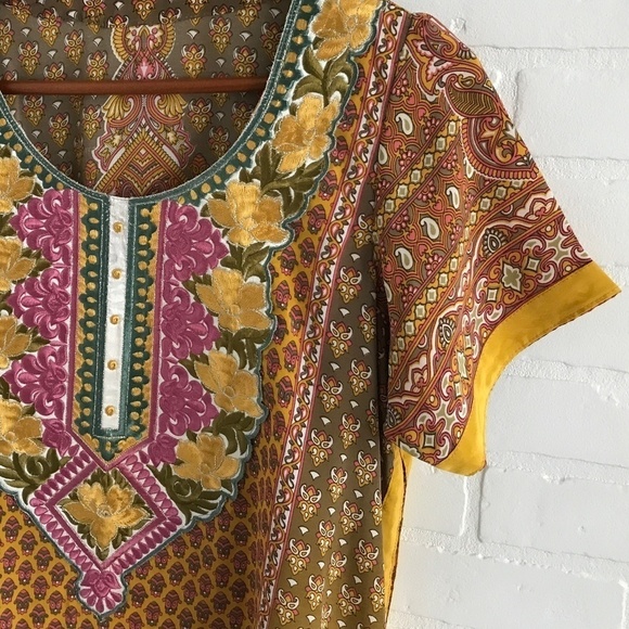 Boho dress/cover up Embroidered Indie Sari Ocre Marigold Yellow Size S/M - Picture 12 of 12